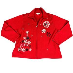 Allison Daley Women's Sweater Red Size PL Long Sleeve Zip Christmas Snow Flakes